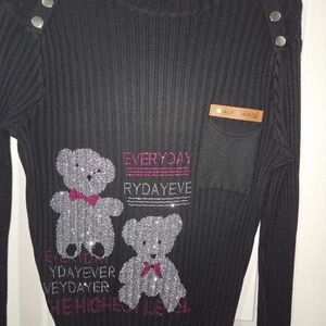 Croft Black Sweater with Rhinestone Bear Design